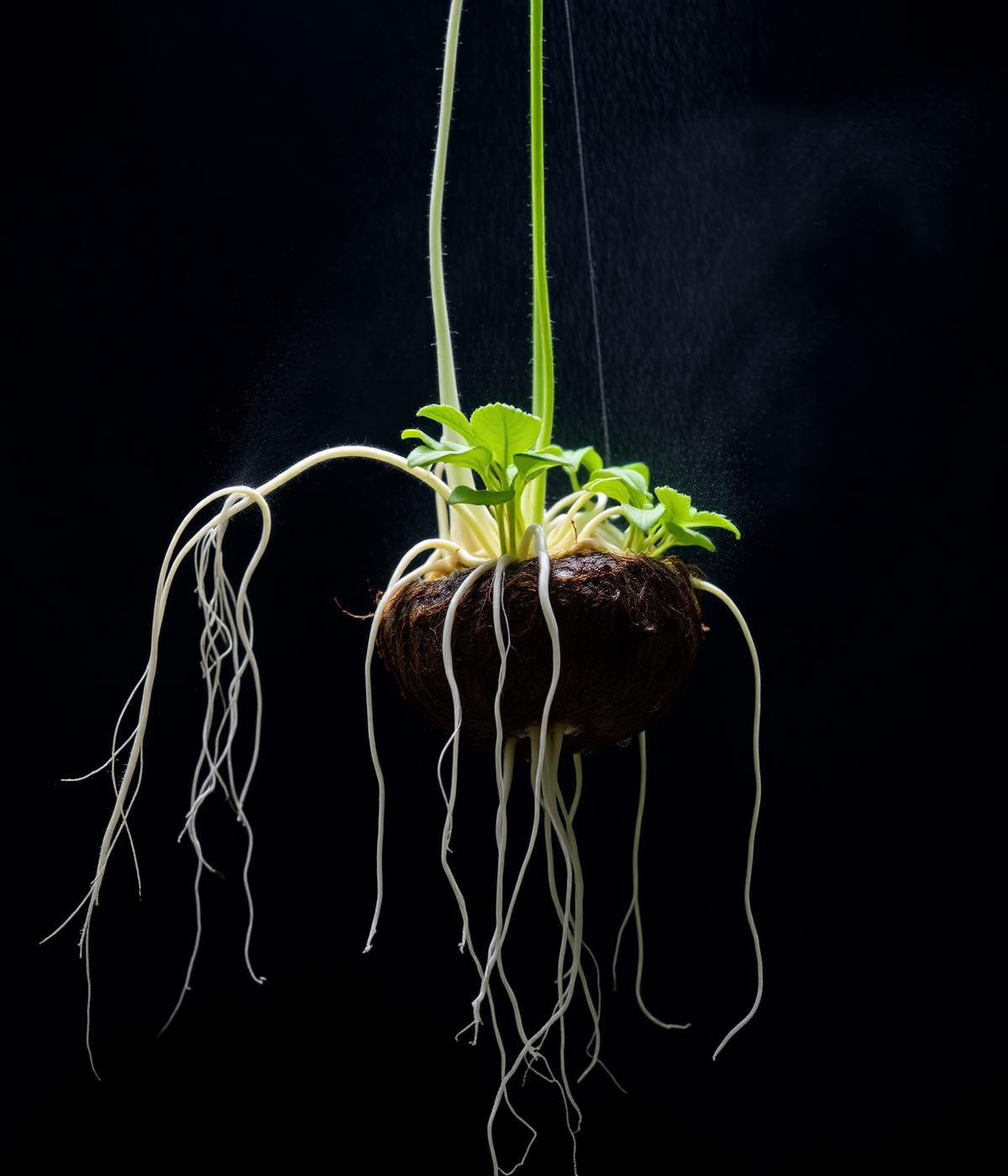 Aeroponic roots suspended in mist